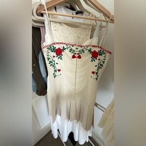 EGO Cream Strapless Dress with Red Rose Embroidery